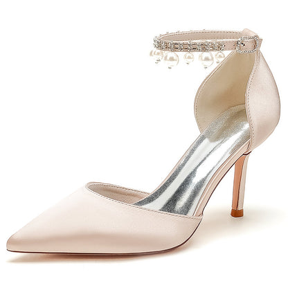 Women's Silk Satin With Ankle Strap Pearl Rhinestone Tassel Closed Toe Stiletto Heel Party Shoes