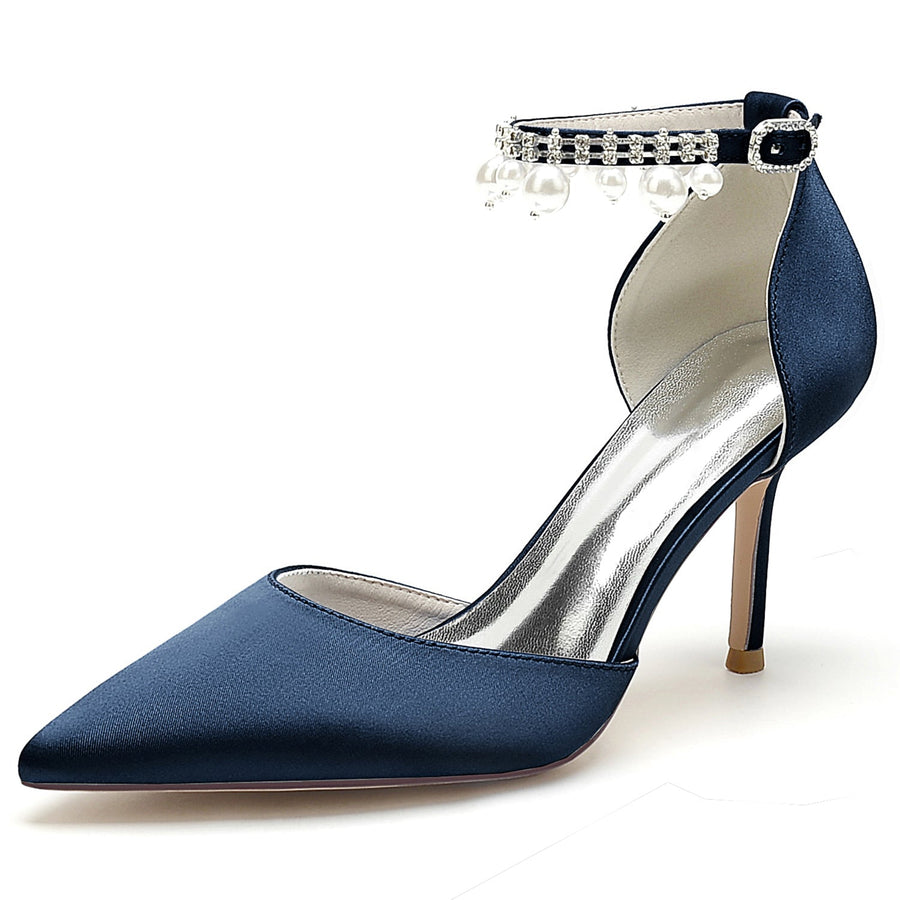 Women's Silk Satin With Ankle Strap Pearl Rhinestone Tassel Closed Toe Stiletto Heel Party Shoes