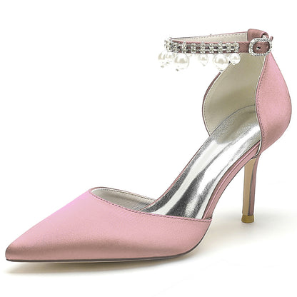 Women's Silk Satin With Ankle Strap Pearl Rhinestone Tassel Closed Toe Stiletto Heel Party Shoes