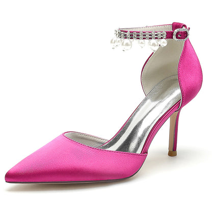 Women's Silk Satin With Ankle Strap Pearl Rhinestone Tassel Closed Toe Stiletto Heel Party Shoes