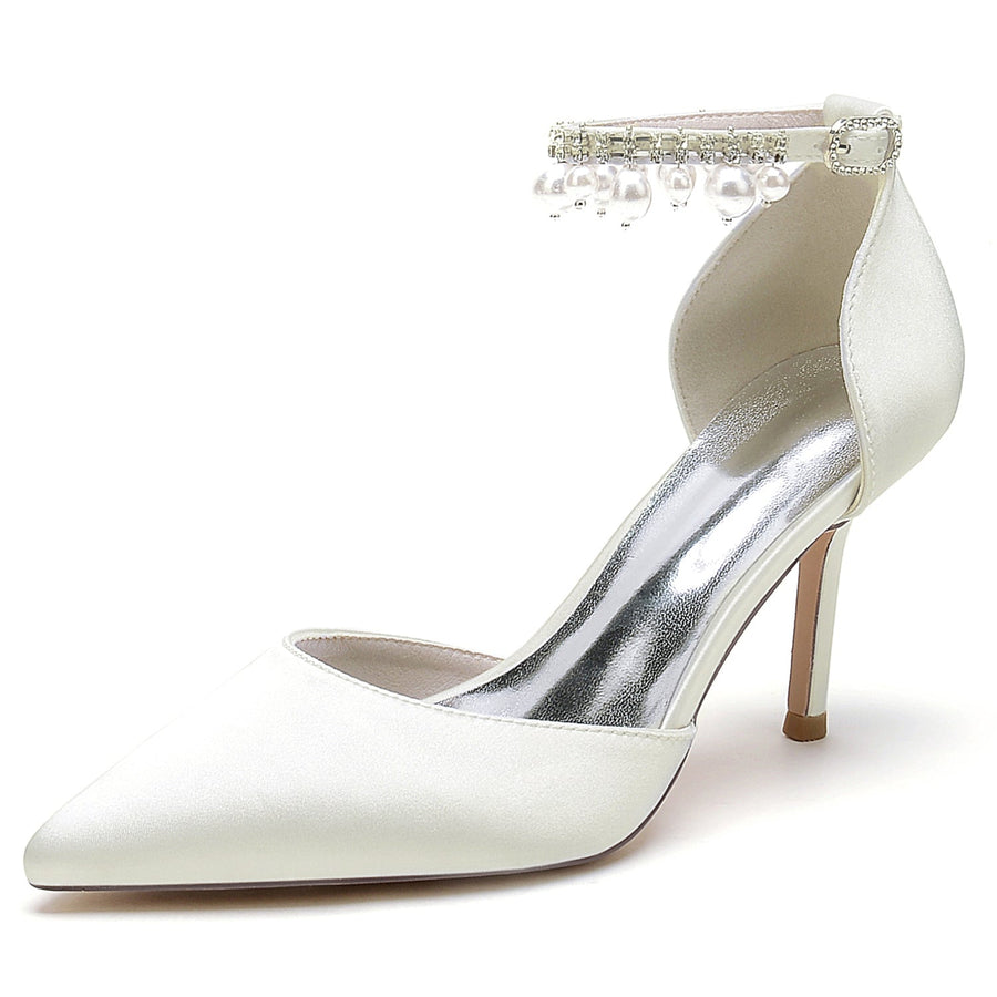 Women's Silk Satin With Ankle Strap Pearl Rhinestone Tassel Closed Toe Stiletto Heel Party Shoes