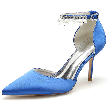 Women's Silk Satin With Ankle Strap Pearl Rhinestone Tassel Closed Toe Stiletto Heel Party Shoes