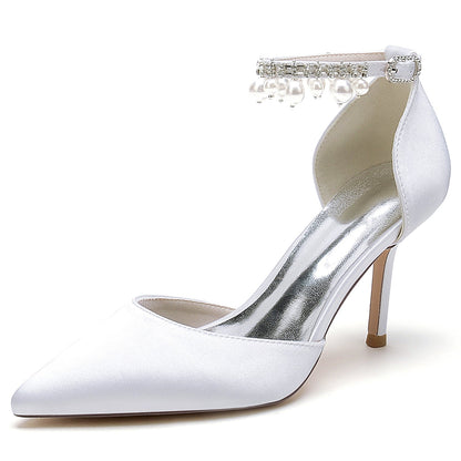 Women's Silk Satin With Ankle Strap Pearl Rhinestone Tassel Closed Toe Stiletto Heel Party Shoes