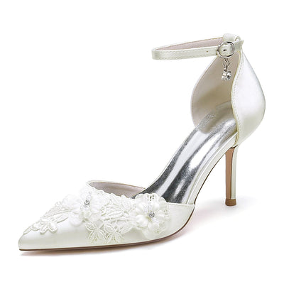 Women's Silk Satin With Ankle Strap Flower Closed Toe Stiletto Heel Wedding Shoes