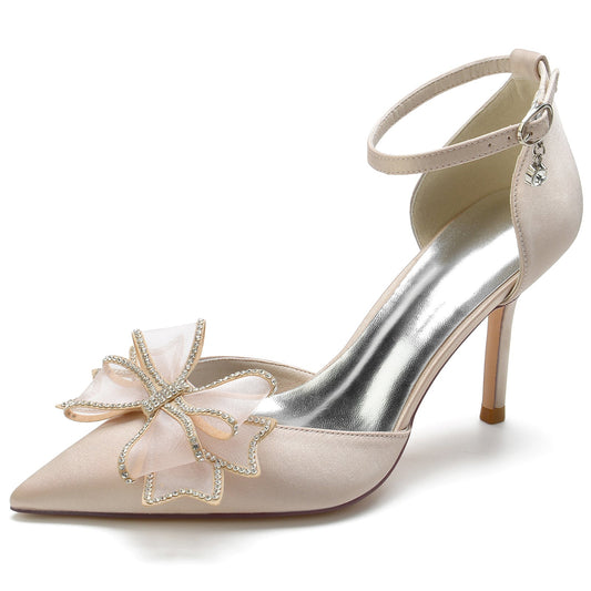 Women's Silk Satin With Ankle Strap Bowknot Closed Toe Stiletto Heel Party Shoes