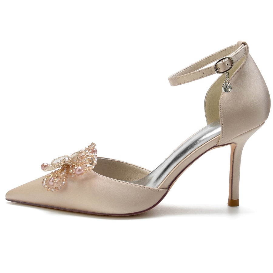 Women's Silk Satin Ankle Strap Bowknot Closed Toe Stiletto Heel Wedding Shoes