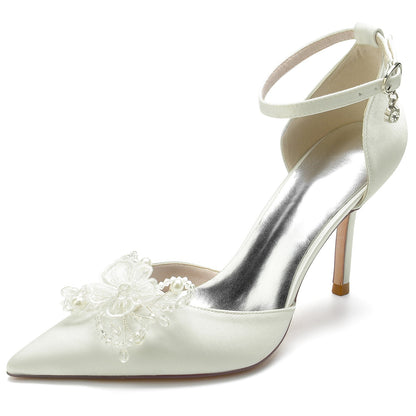 Women's Silk Satin Ankle Strap Bowknot Closed Toe Stiletto Heel Wedding Shoes