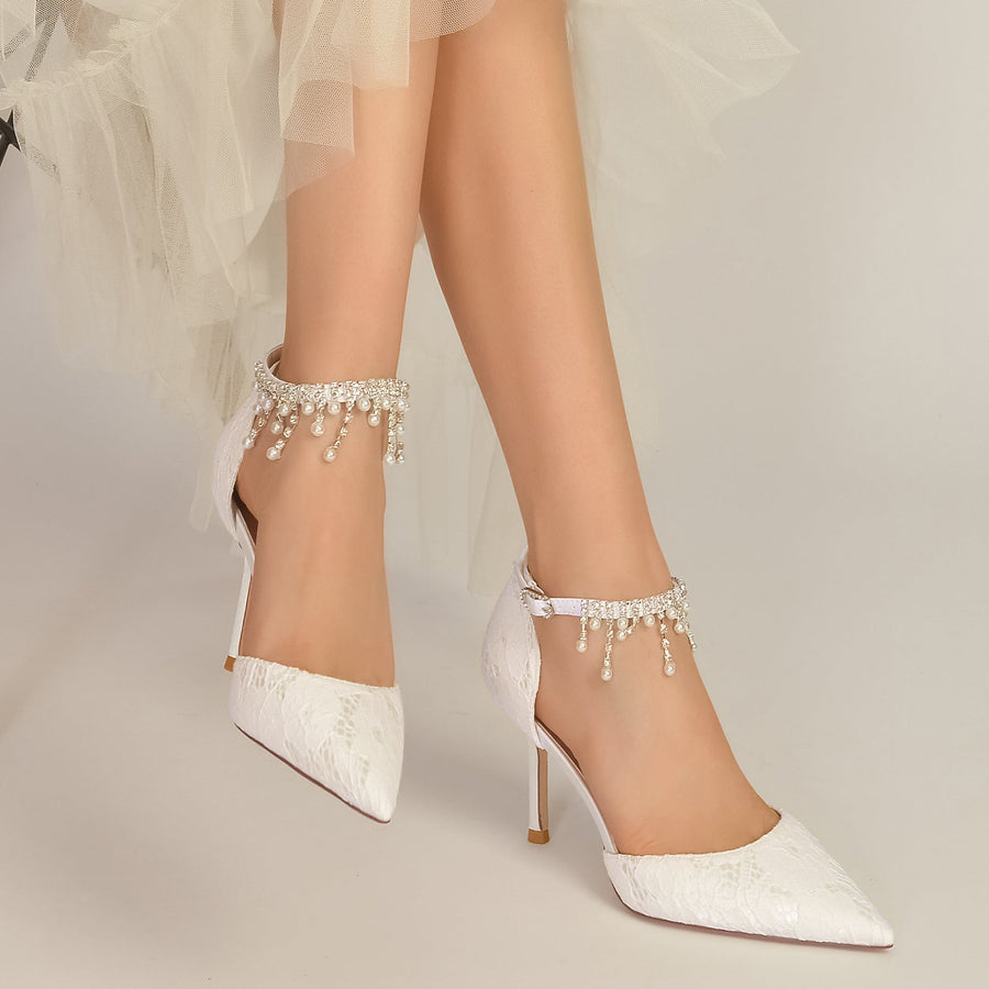 Women's Lace With Ankle Strap Lace Tassel Closed Toe Stiletto Heel Wedding Shoes