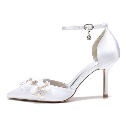 Women's Silk Satin With Flower Ankle Strap Closed Toe Stiletto Heel Evening Shoes