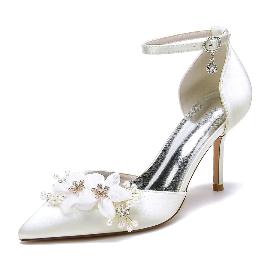 Women's Silk Satin With Flower Ankle Strap Closed Toe Stiletto Heel Evening Shoes