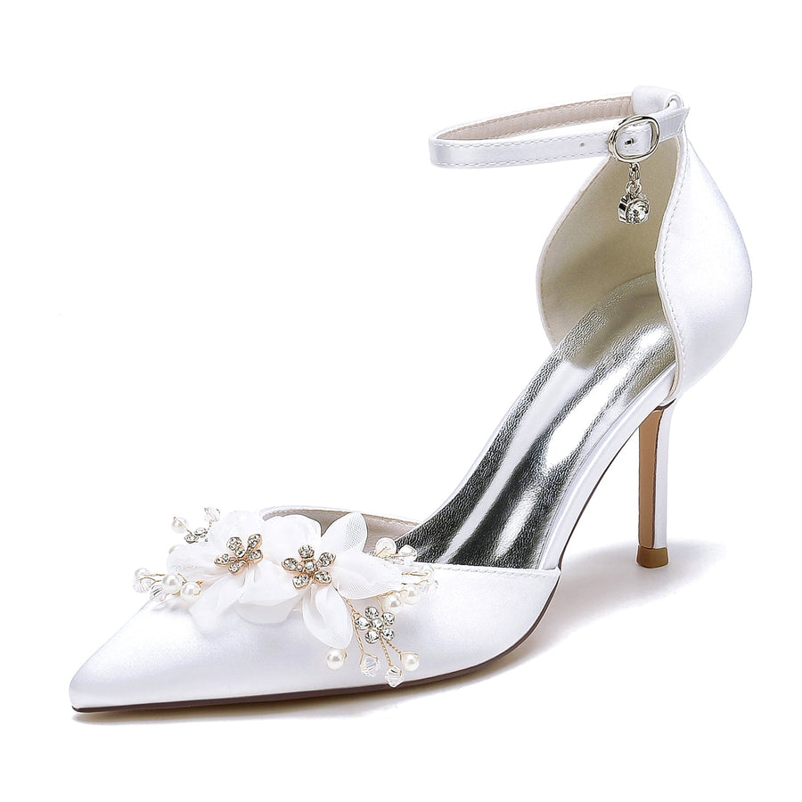 Women's Silk Satin With Flower Ankle Strap Closed Toe Stiletto Heel Evening Shoes