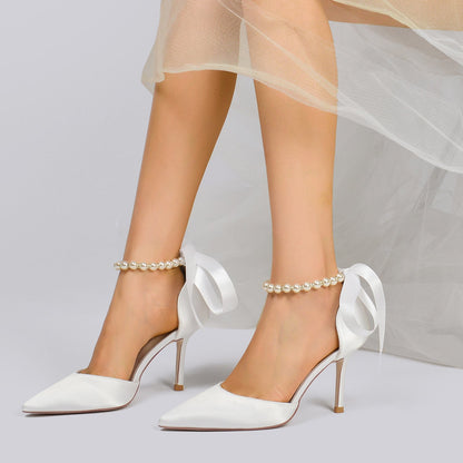 Women's Silk Satin With Lace-up Ankle Strap Pearl Closed Toe Stiletto Heel Wedding Shoes