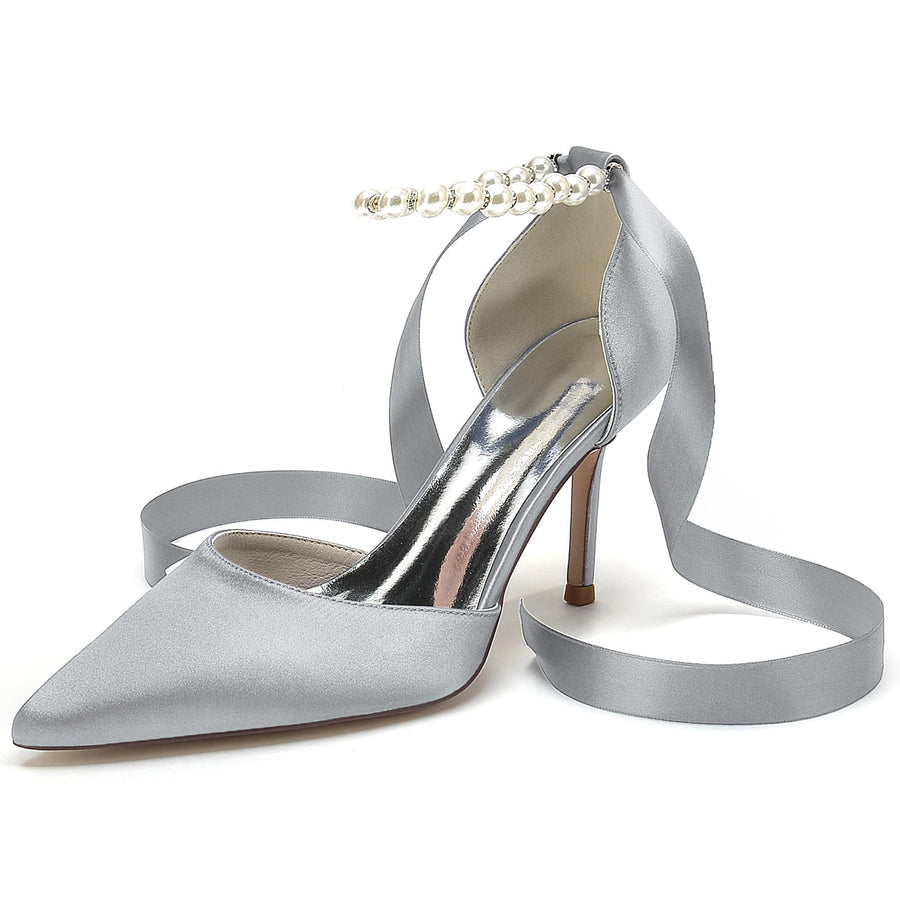 Women's Silk Satin With Lace-up Ankle Strap Pearl Closed Toe Stiletto Heel Wedding Shoes