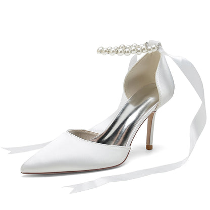 Women's Silk Satin With Lace-up Ankle Strap Pearl Closed Toe Stiletto Heel Wedding Shoes