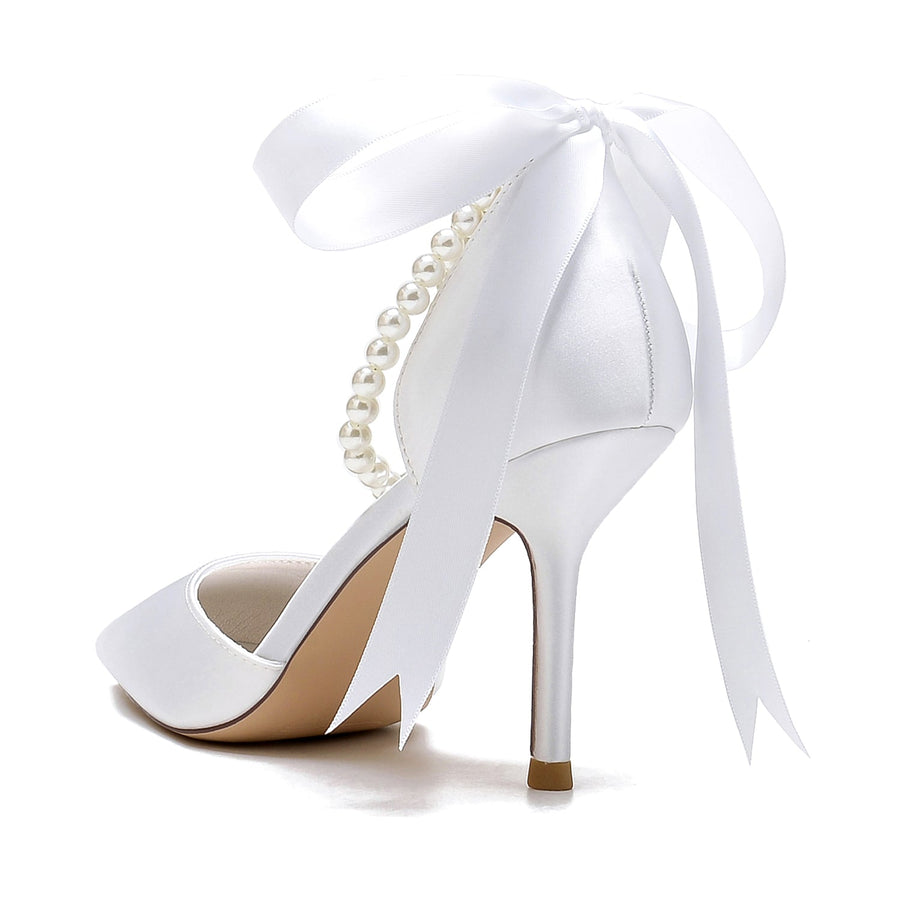 Women's Silk Satin With Pearl Closed Toe Ankle Strap Lace-up Stiletto Heel Wedding Shoes