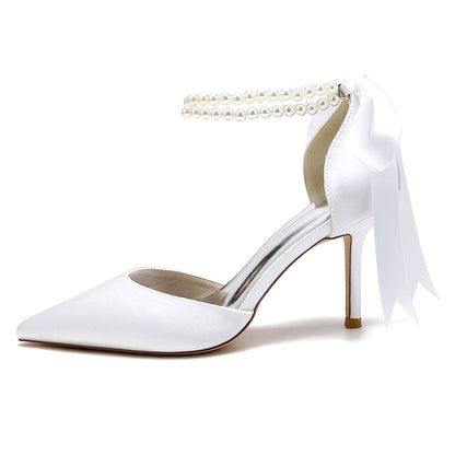 Women's Silk Satin With Pearl Closed Toe Ankle Strap Lace-up Stiletto Heel Wedding Shoes