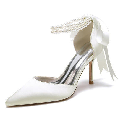 Women's Silk Satin With Pearl Closed Toe Ankle Strap Lace-up Stiletto Heel Wedding Shoes