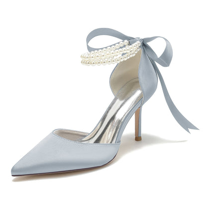 Women's Silk Satin With Pearl Closed Toe Ankle Strap Lace-up Stiletto Heel Wedding Shoes