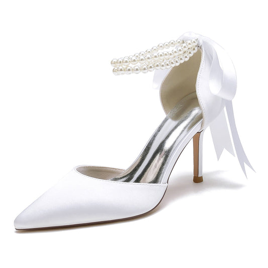 Women's Silk Satin With Pearl Closed Toe Ankle Strap Lace-up Stiletto Heel Wedding Shoes