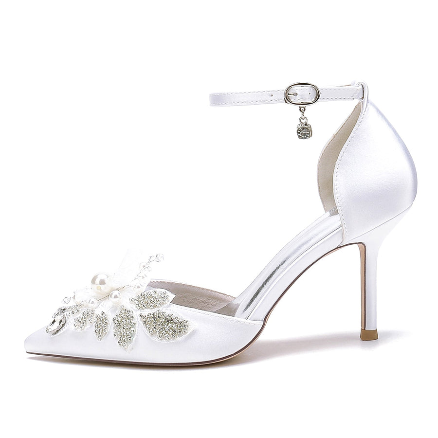 Women's Silk Satin With Ankle Strap Flower Rhinestone Closed Toe Stiletto Heel Wedding Shoes