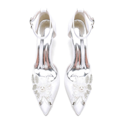 Women's Silk Satin With Ankle Strap Flower Rhinestone Closed Toe Stiletto Heel Wedding Shoes