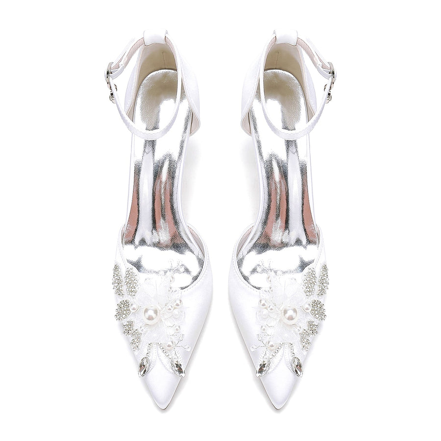 Women's Silk Satin With Ankle Strap Flower Rhinestone Closed Toe Stiletto Heel Wedding Shoes