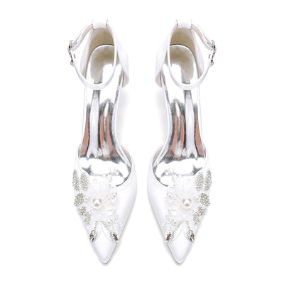 Women's Silk Satin With Ankle Strap Flower Rhinestone Closed Toe Stiletto Heel Wedding Shoes