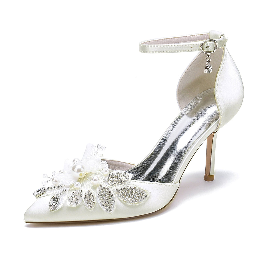 Women's Silk Satin With Ankle Strap Flower Rhinestone Closed Toe Stiletto Heel Wedding Shoes