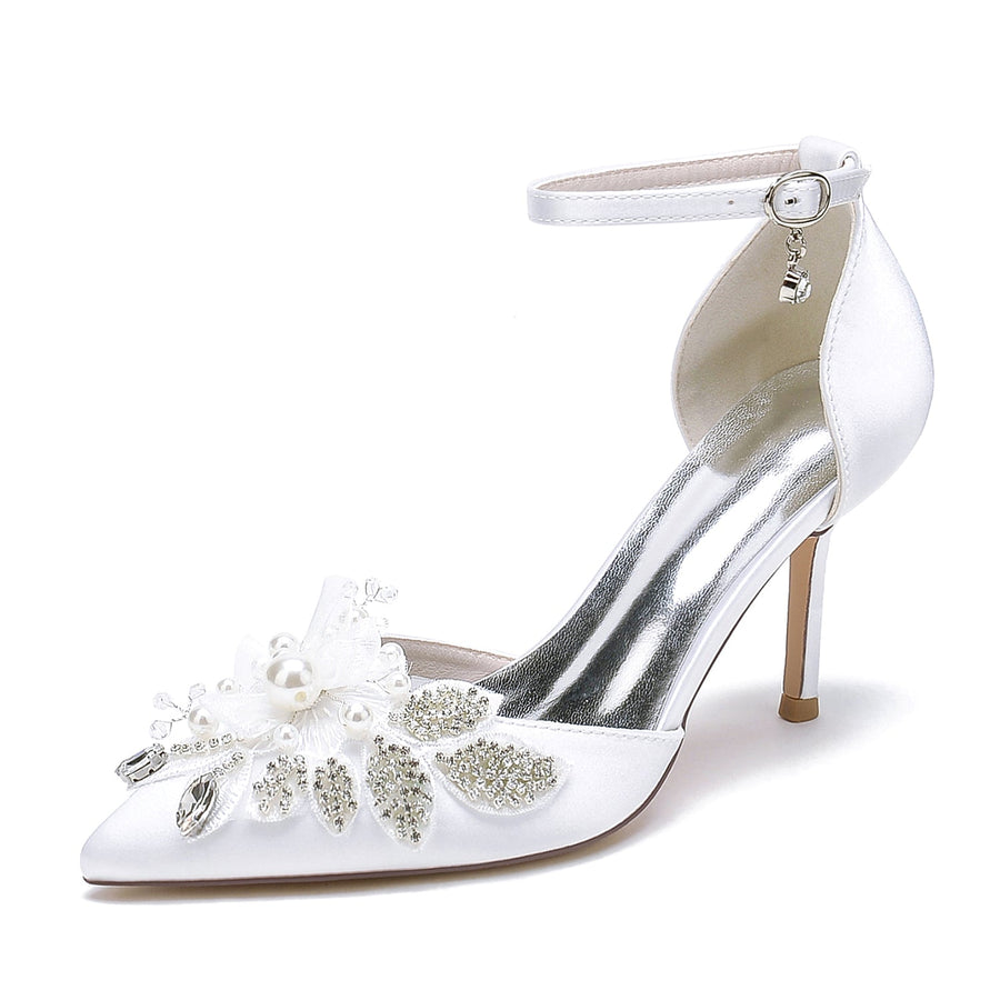 Women's Silk Satin With Ankle Strap Flower Rhinestone Closed Toe Stiletto Heel Wedding Shoes