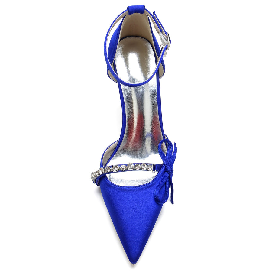 Women's Ankle Strap Silk Satin With Bowknot Rhinestone Closed Toe Stiletto Heel Evening Shoes