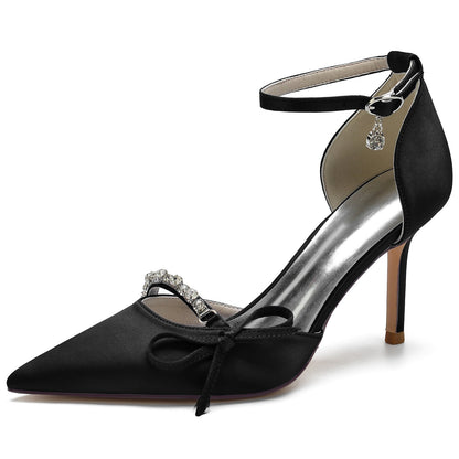 Women's Ankle Strap Silk Satin With Bowknot Rhinestone Closed Toe Stiletto Heel Evening Shoes