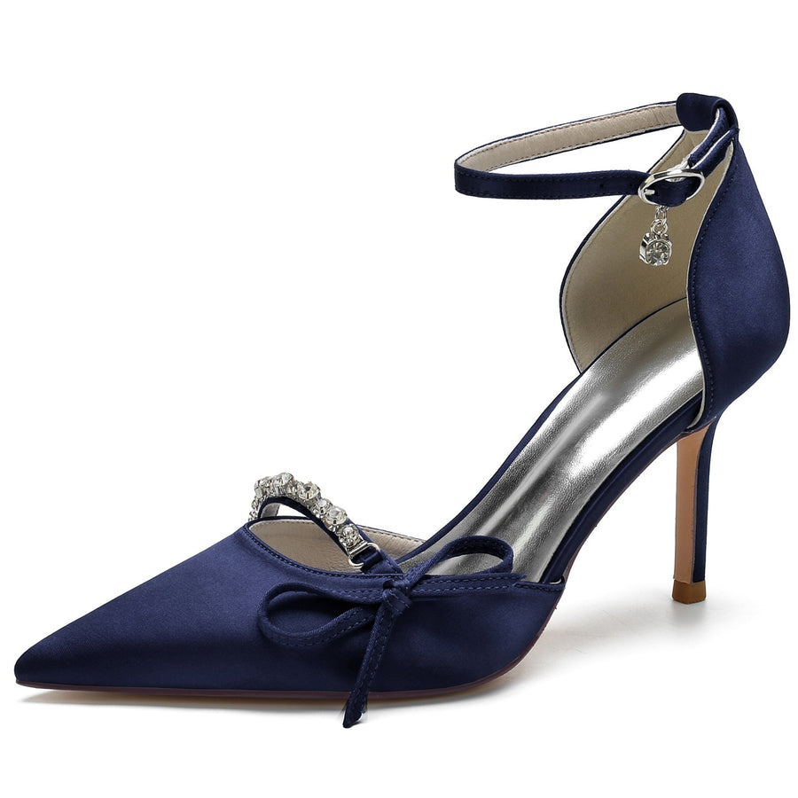 Women's Ankle Strap Silk Satin With Bowknot Rhinestone Closed Toe Stiletto Heel Evening Shoes