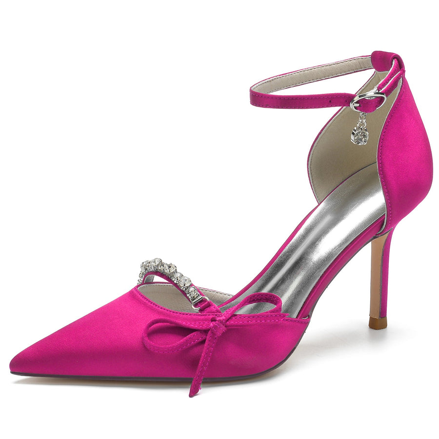 Women's Ankle Strap Silk Satin With Bowknot Rhinestone Closed Toe Stiletto Heel Evening Shoes