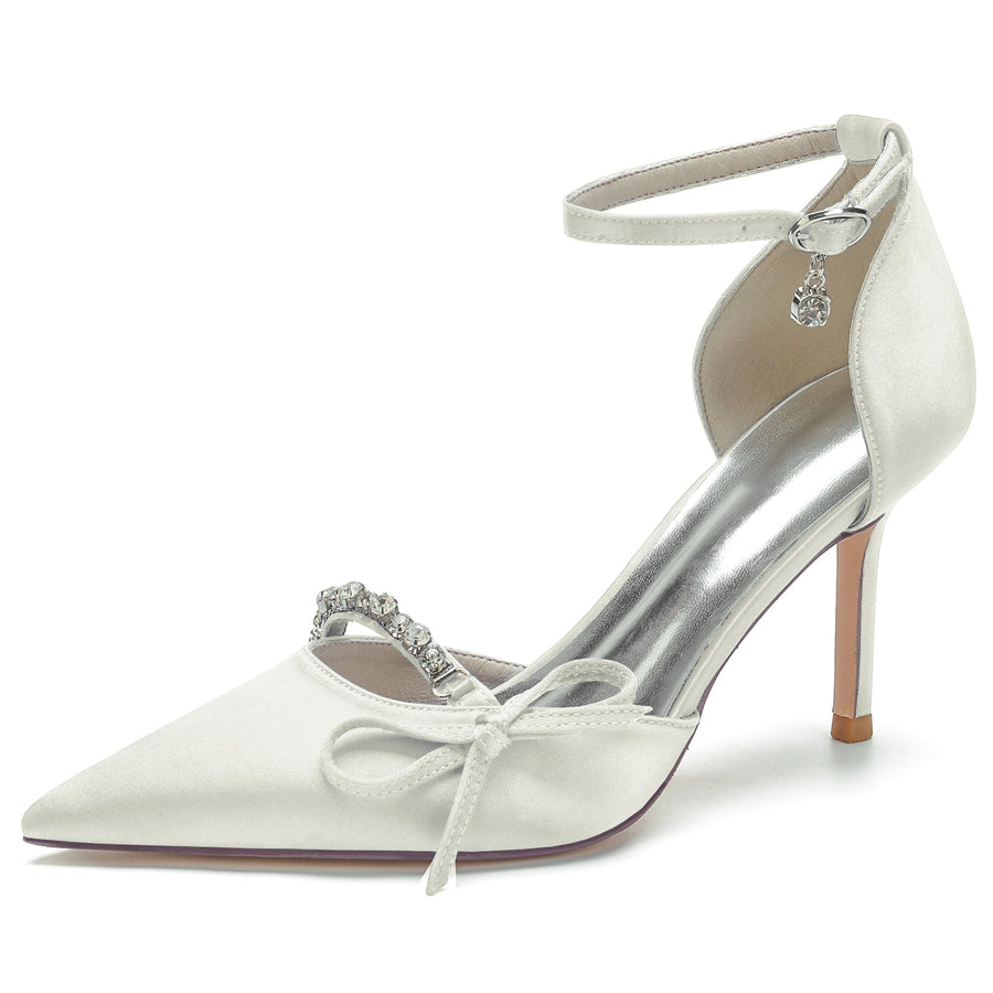 Women's Ankle Strap Silk Satin With Bowknot Rhinestone Closed Toe Stiletto Heel Evening Shoes