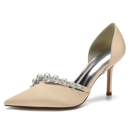 Women's Silk Satin With Pearl Closed Toe Stiletto Heel Evening Shoes