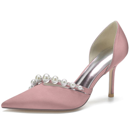 Women's Silk Satin With Pearl Closed Toe Stiletto Heel Evening Shoes