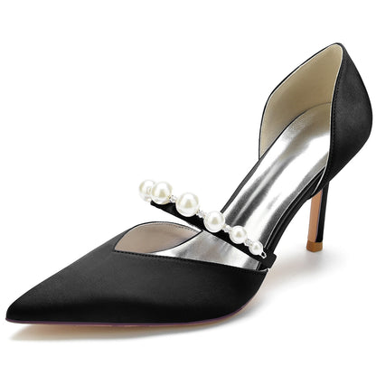 Women's Closed Toe Silk Satin With Pearl Stiletto Heel Party Shoes