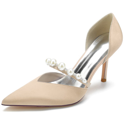 Women's Closed Toe Silk Satin With Pearl Stiletto Heel Party Shoes