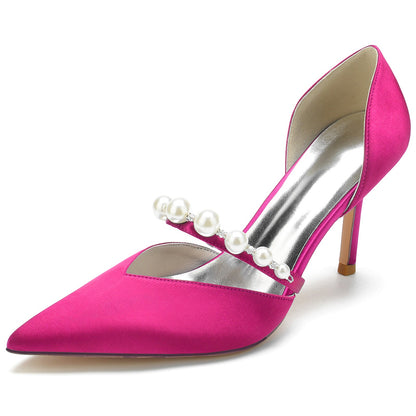 Women's Closed Toe Silk Satin With Pearl Stiletto Heel Party Shoes