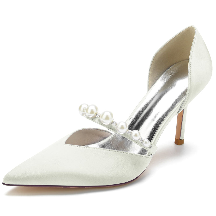 Women's Closed Toe Silk Satin With Pearl Stiletto Heel Party Shoes