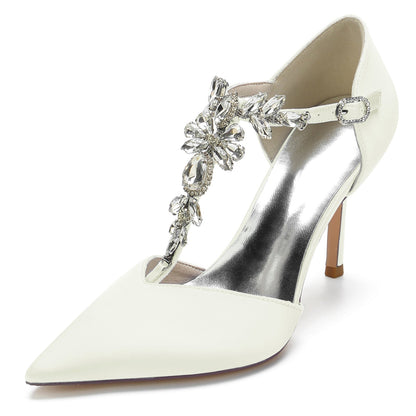 Women's Ankle Strap Rhinestone Closed Toe Silk Satin With Stiletto Heel Party Shoes