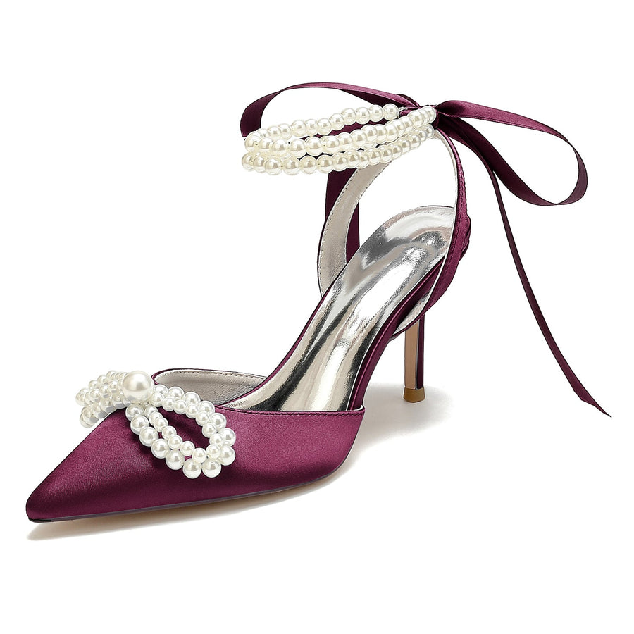 Women's Silk Satin With Ankle Strap Lace-up Pearl Closed Toe Stiletto Heel Party Shoes