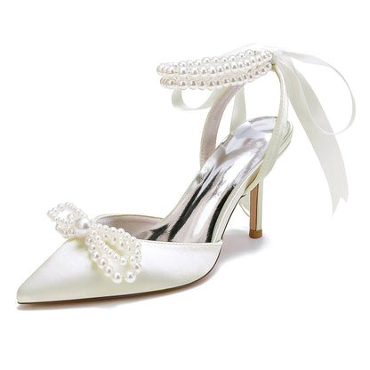 Women's Silk Satin With Ankle Strap Lace-up Pearl Closed Toe Stiletto Heel Party Shoes