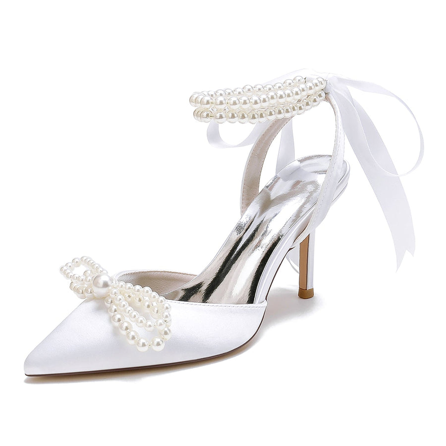 Women's Silk Satin With Ankle Strap Lace-up Pearl Closed Toe Stiletto Heel Party Shoes