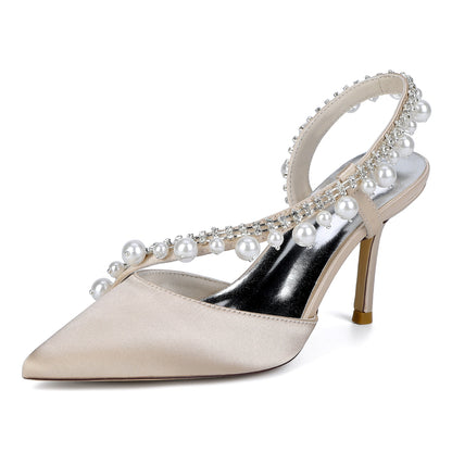 Women's Silk Satin Pearl Closed Toe With Rhinestone Stiletto Heel Evening Shoes