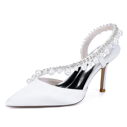 Women's Silk Satin Pearl Closed Toe With Rhinestone Stiletto Heel Evening Shoes