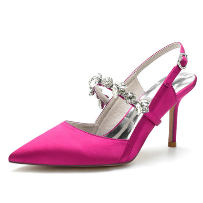 Women's Stiletto Heel Silk Satin With Ankle Strap Rhinestone Closed Toe Party Shoes