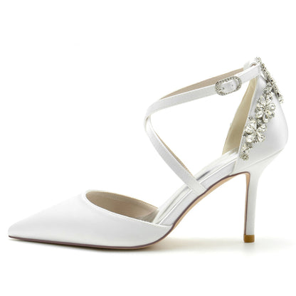 Women's Silk Satin Closed Toe Ankle Strap Stiletto Heel Wedding Shoes