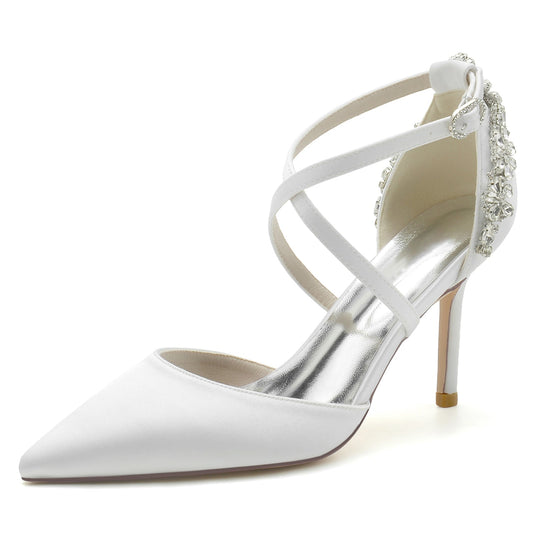 Women's Silk Satin Closed Toe Ankle Strap Stiletto Heel Wedding Shoes