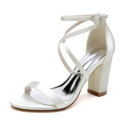 Women's Silk Satin With Ankle Strap Peep Toe Chunky Heel Wedding Shoes